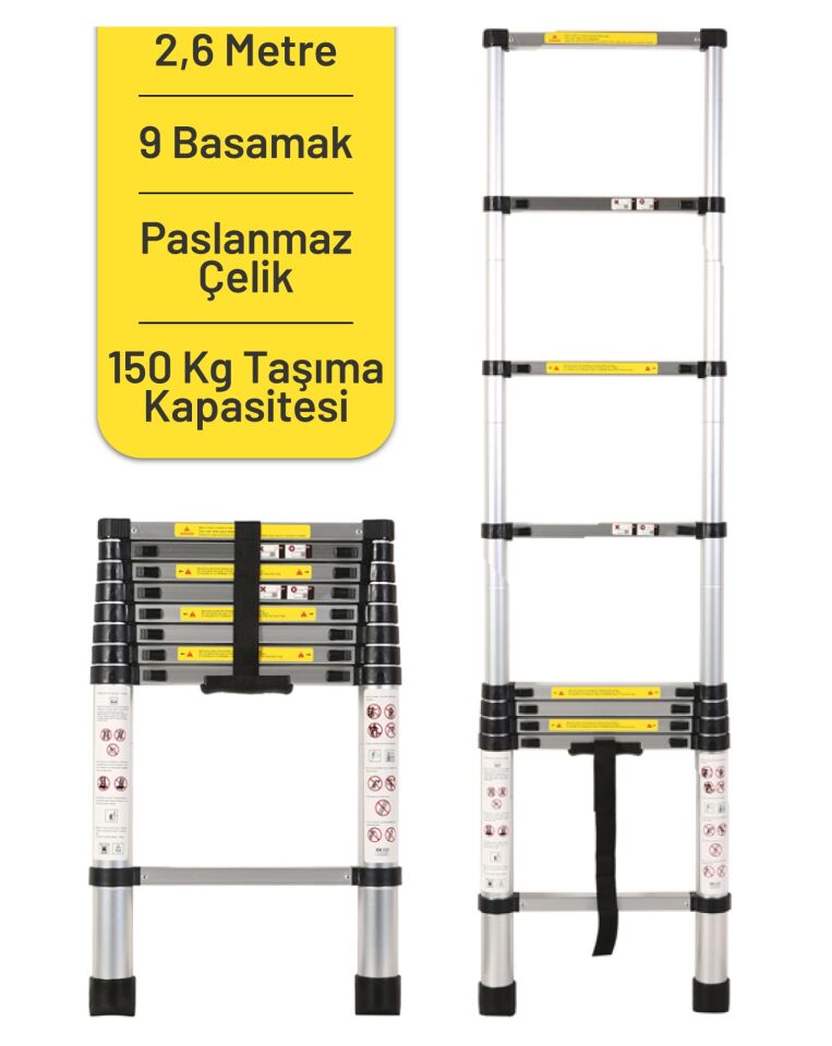 Paslanmaz Çelik Teleskopik Merdiven 2,6mt 9 Basamaklı