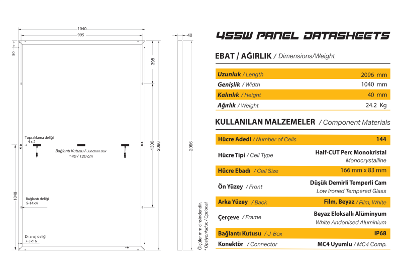 GSE450 GAZİOĞLU HALFCUT MONOPOWER FOTOVOLTAİK GÜNEŞ PANELİ (A -)