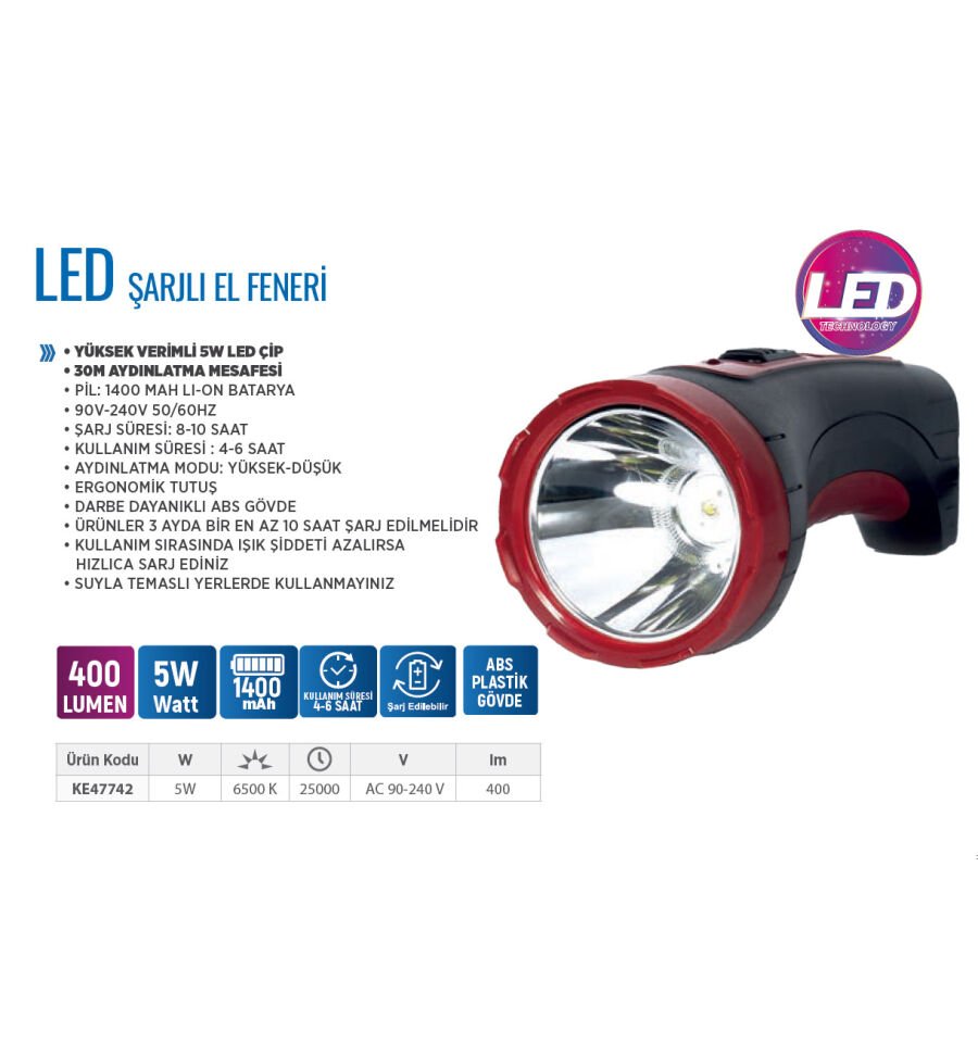 Klaus Şarjlı Led El Feneri 5W 1400Mah