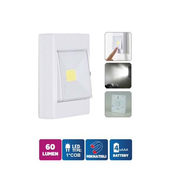 Klaus Yapışkanlı Led Duvar Lambası 1W Kalem Pil (Dahil Değil)